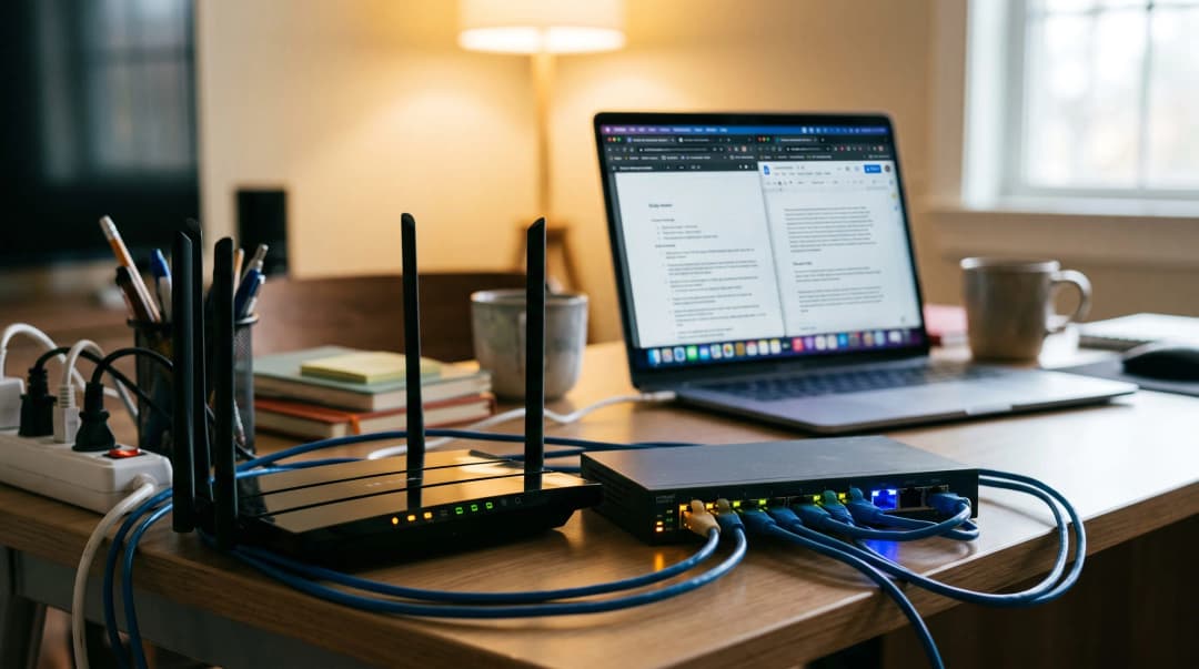 Fotografia realista de uma mesa de estudos com um roteador Wi-Fi e um switch de rede conectados por cabos azuis, ilustrando para que serve o switch do roteador na distribuição de internet.
