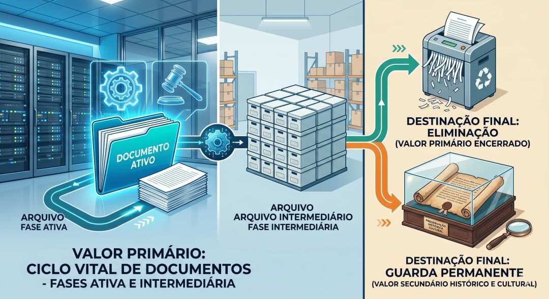 Ciclo vital dos documentos: infográfico do arquivo corrente e intermediário até a destinação final de eliminação ou guarda permanente.