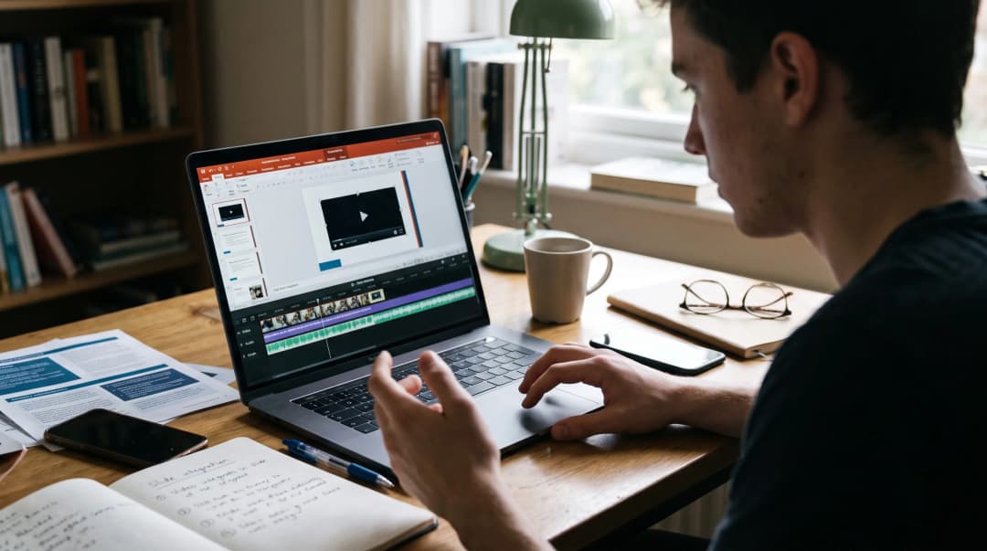 Estudante focado editando slides em um notebook, aprendendo como inserir vídeos em apresentação de powerpoint com faixas de áudio visíveis na tela.