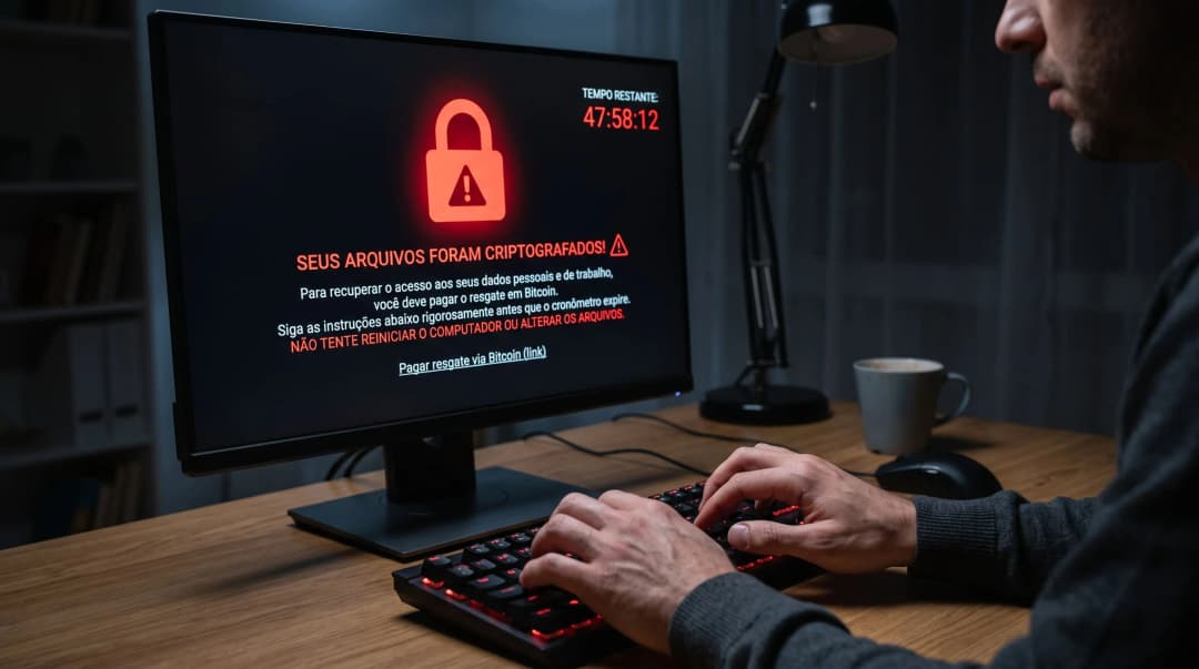 Tela de computador exibindo um cadeado vermelho de bloqueio, ilustrando o que é ransomware e como posso evitar ataques cibernéticos.