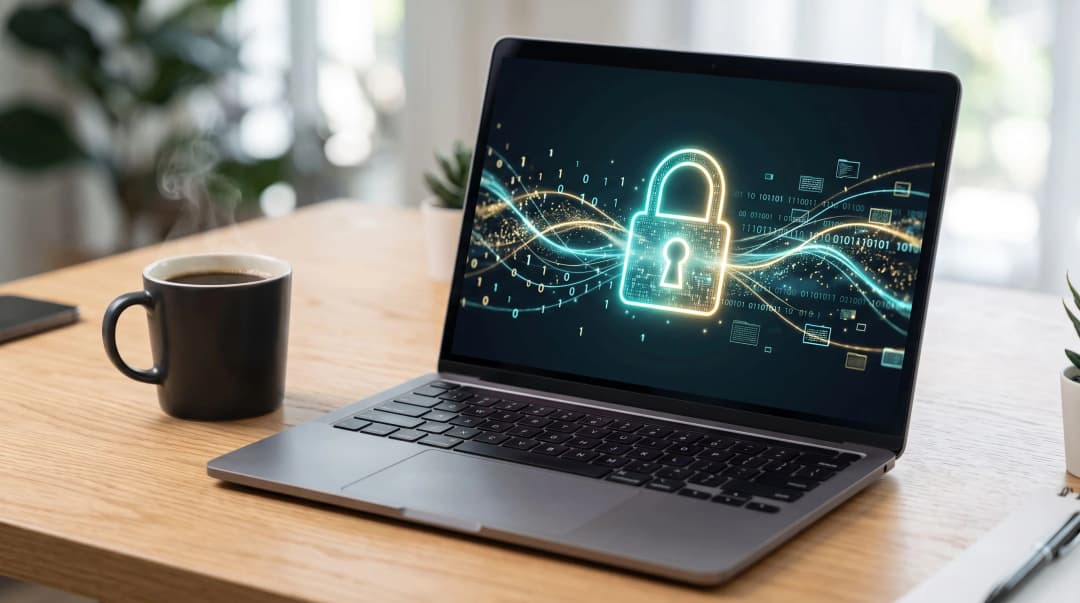 Tela de notebook moderna exibindo ícone de cadeado brilhante e fluxo de dados digitais, ilustrando o que são cookies e cache na segurança da informação.