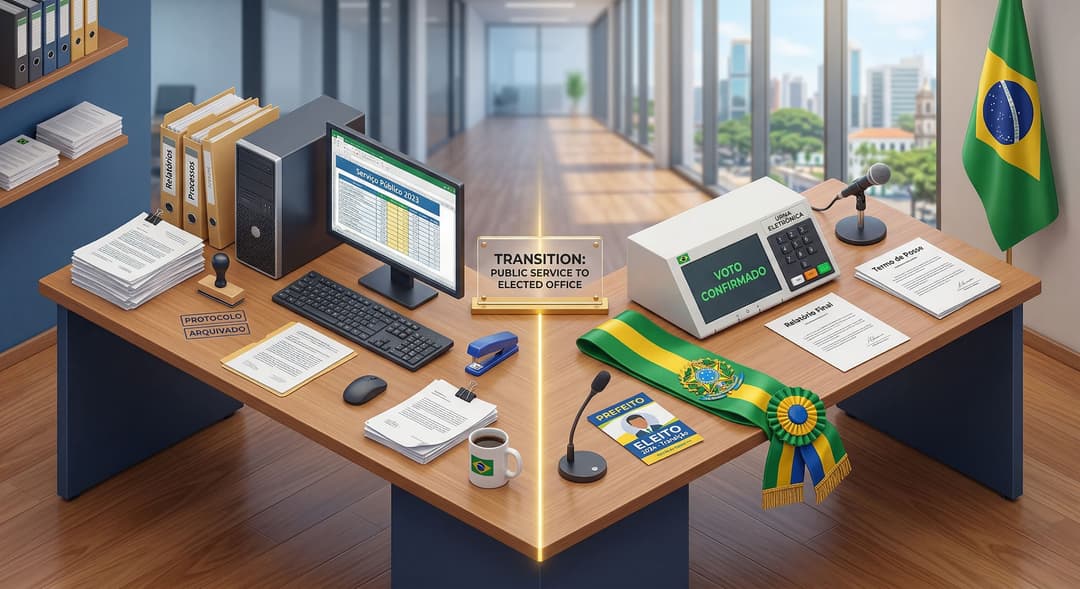 Ilustração 3D isométrica de uma mesa de escritório dividida ao meio: de um lado, papéis, carimbos e um computador de servidor; do outro lado, uma urna eletrônica brasileira e uma faixa de prefeito, simbolizando a transição para o mandato eletivo.