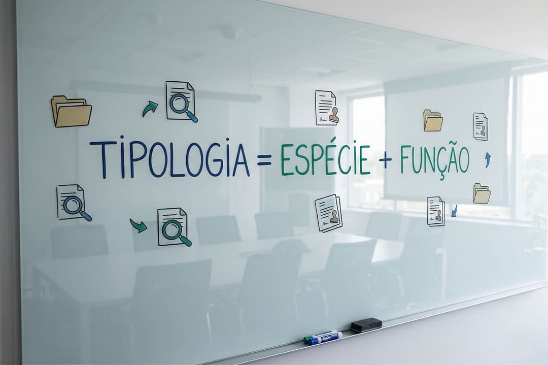 Tipologia documental: quadro com a fórmula Tipologia = Espécie + Função cercado de ícones de pastas e documentos