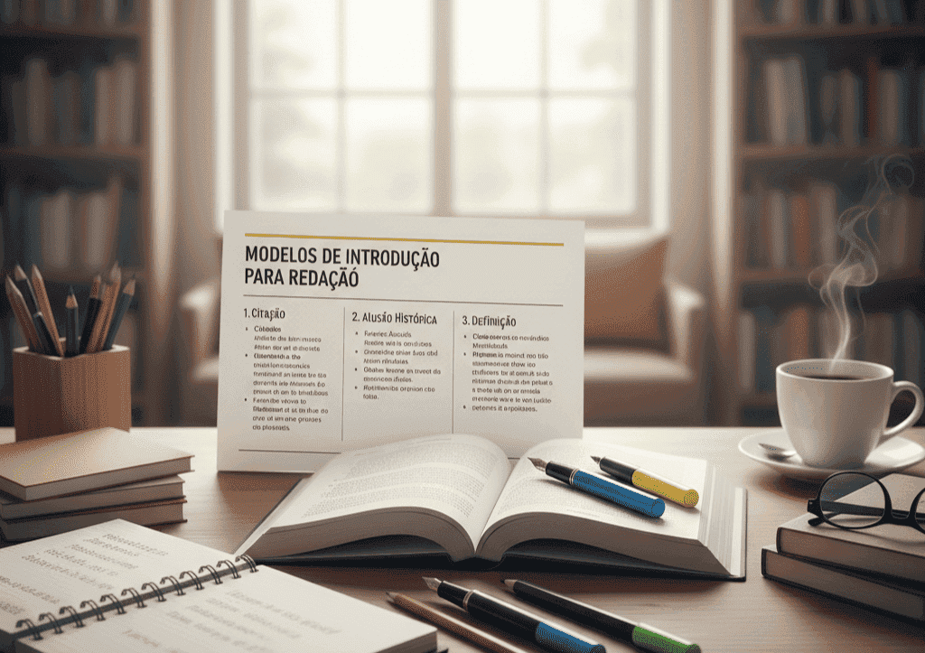 Modelos de introdução para redação do ENEM: mesa de estudos com livro aberto, canetas e cartaz com os tipos de introdução