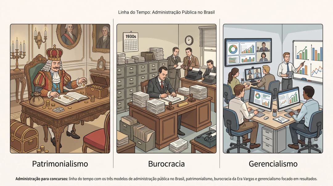 Administração para concursos: linha do tempo com os três modelos de administração pública no Brasil, patrimonialismo, burocracia da Era Vargas e gerencialismo focado em resultados.