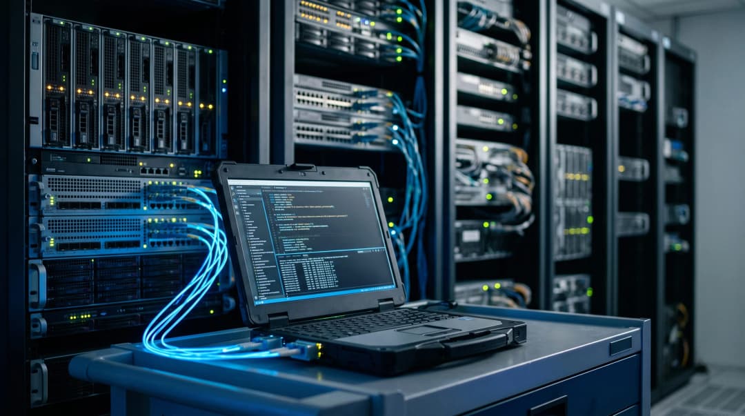Servidores modernos conectados por cabos de fibra óptica azul brilhante, ilustrando para que servem os protocolos tcp ip na transmissão de dados.