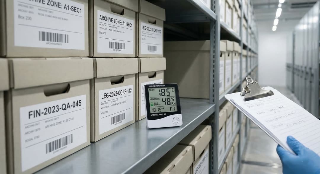 Climatização de arquivos: termo-higrômetro digital medindo temperatura e umidade relativa ao lado de caixas de documentos