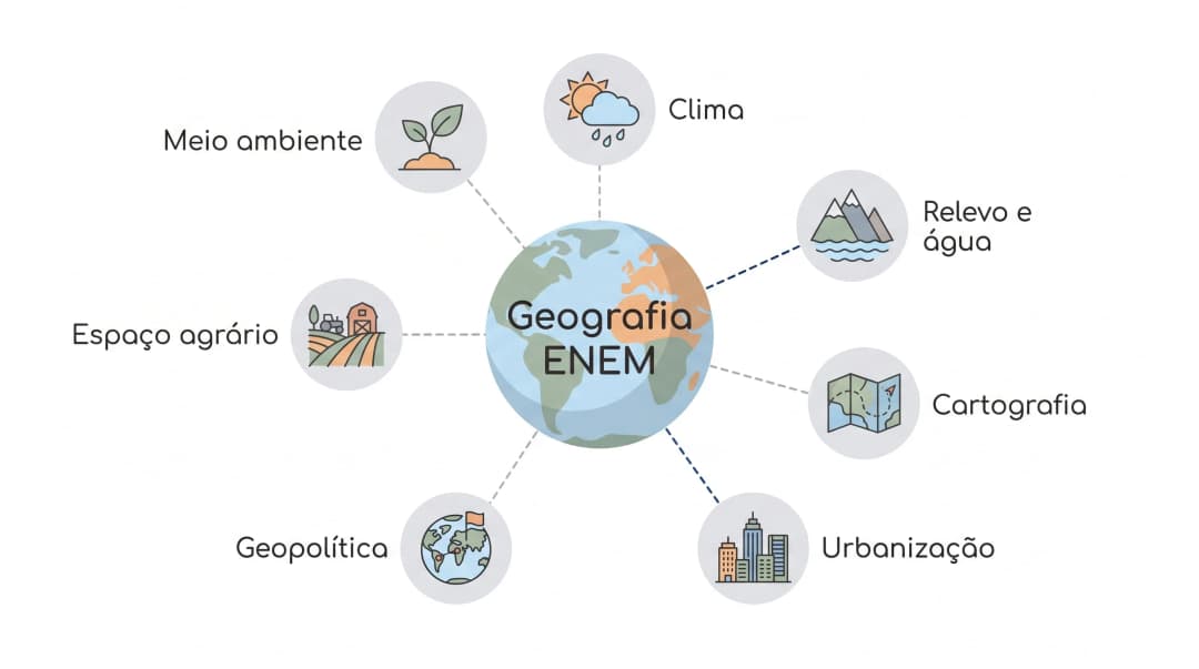 Geografia para o ENEM: infográfico com os sete blocos de assuntos que mais caem na prova, meio ambiente, clima, relevo e hidrografia, cartografia, urbanização, geopolítica e espaço agrário, ligados a um globo central.