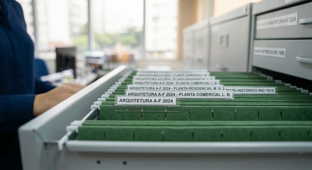 Pastas suspensas no arquivamento vertical: pastas alinhadas em pé na gaveta com etiquetas de identificação alfabética no topo