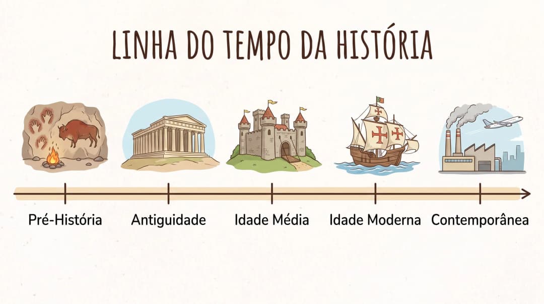 História Geral para o ENEM: linha do tempo ilustrada com os cinco períodos, Pré-História, Antiguidade, Idade Média, Idade Moderna e Idade Contemporânea, cada um representado por uma cena característica.