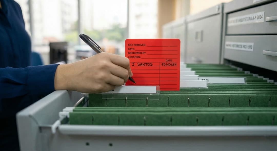 Controle de empréstimos com guia-fora: ficha fantasma inserida entre as pastas no lugar do documento retirado para consulta