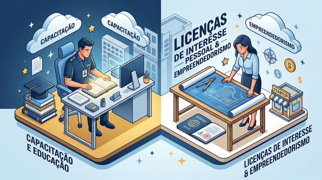 Ilustração de um servidor público com um capelo de formatura lendo um livro em uma mesa, enquanto uma representação de planejamento de viagem de longo prazo e empreendedorismo flutua acima, indicando licenças de interesse pessoal e capacitação.