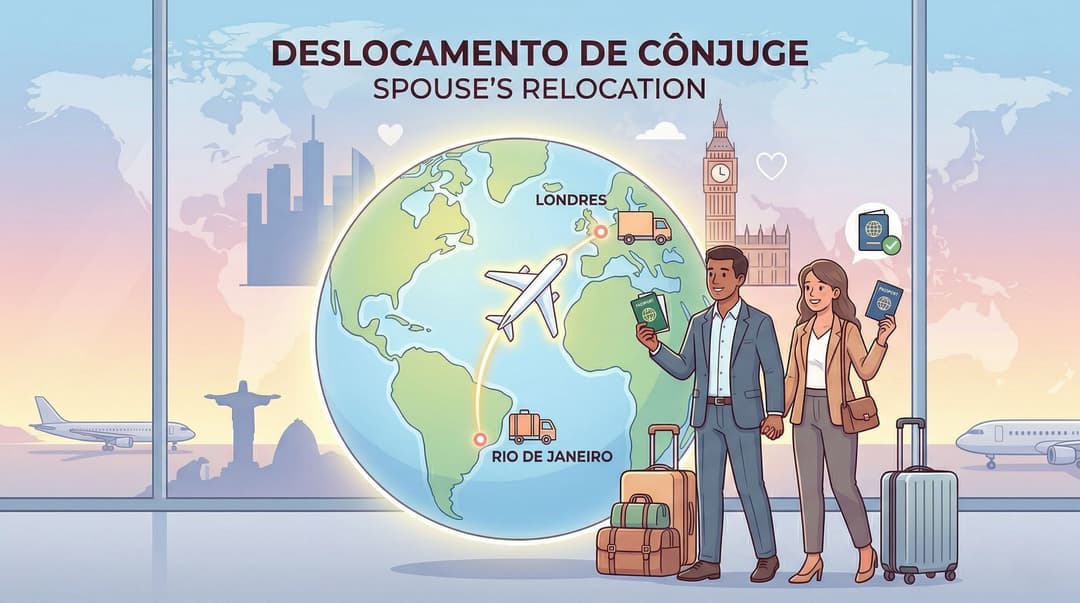 Ilustração conceitual mostrando um servidor público com um mapa-múndi representa o deslocamento de um cônjuge