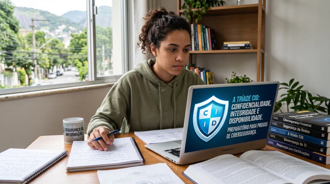 Estudante focado em um notebook com um escudo na tela, aprendendo sobre a tríade cid confidencialidade integridade e disponibilidade para provas.