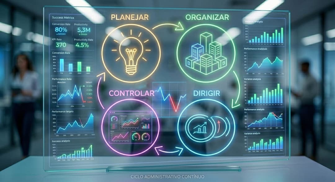 Função controle do PODC: profissional analisando gráficos de desempenho para medir resultados e corrigir desvios