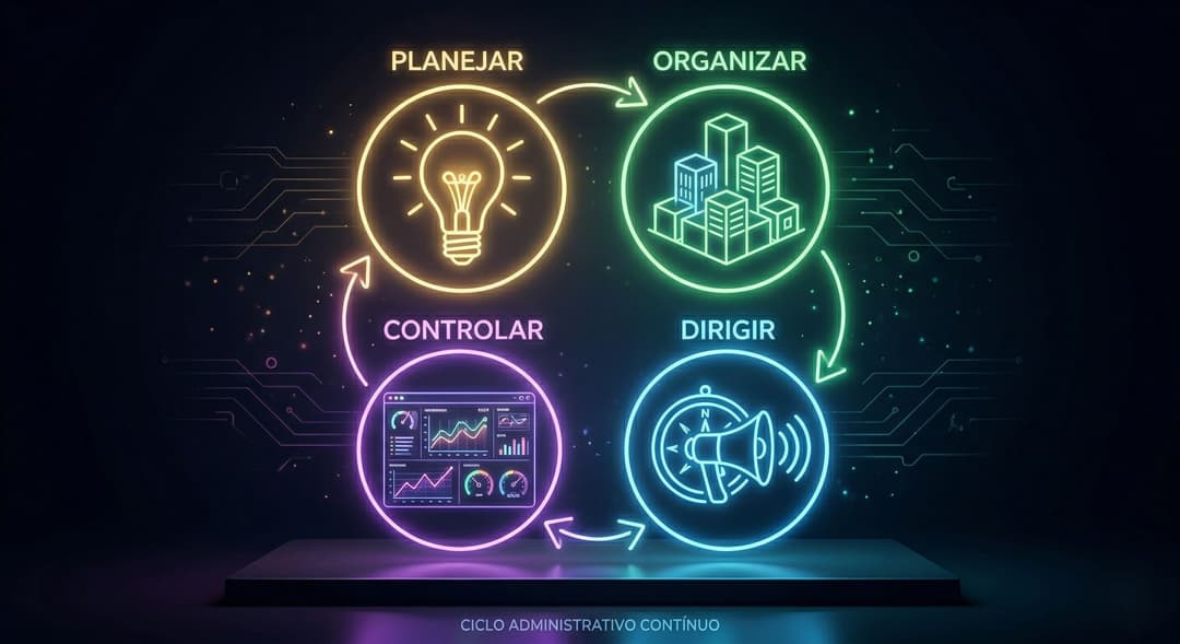 Processo administrativo em ciclo contínuo: setas ligando as funções de planejar, organizar, dirigir e controlar