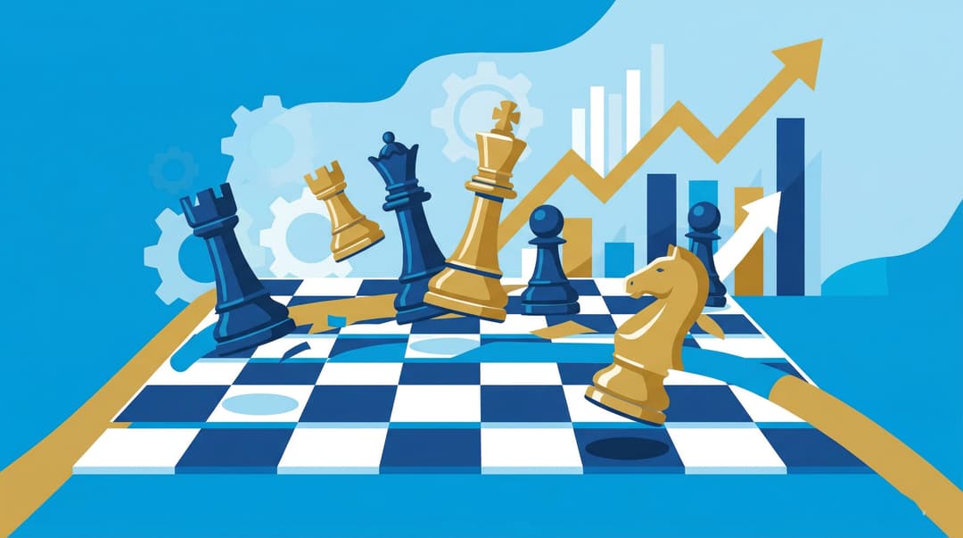 Estratégia competitiva de Porter: tabuleiro de xadrez com gráficos e engrenagens representando as forças do mercado