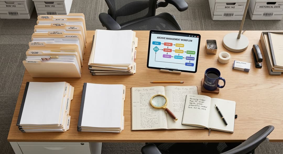Diagnóstico da produção documental: mesa de trabalho com pastas, documentos empilhados e fluxograma do trâmite em um tablet