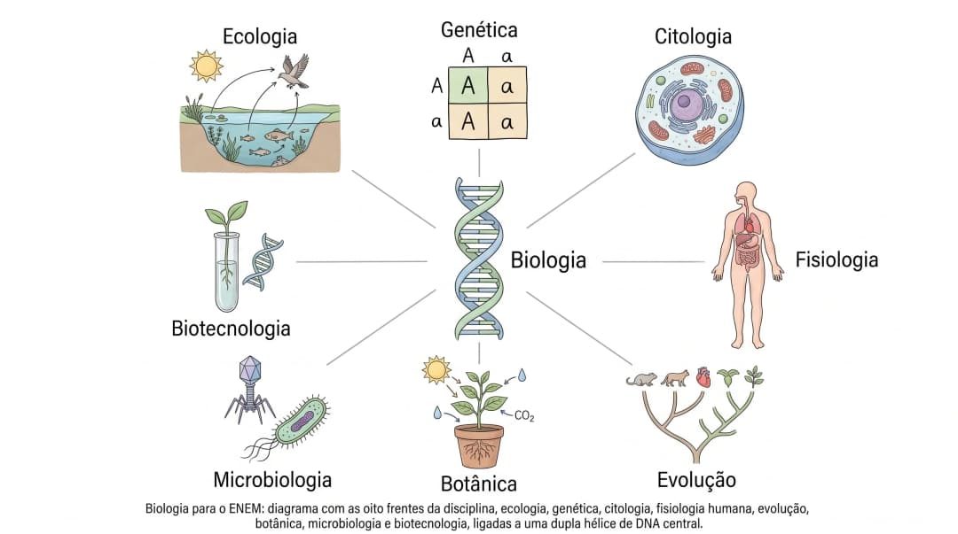Biologia para o ENEM: diagrama com as oito frentes da disciplina, ecologia, genética, citologia, fisiologia humana, evolução, botânica, microbiologia e biotecnologia, ligadas a uma dupla hélice de DNA central.
