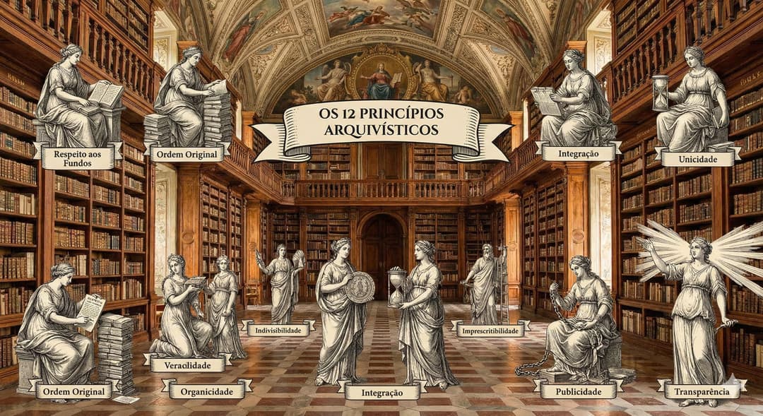 Princípios arquivísticos: ilustração de biblioteca clássica com figuras que representam os 12 princípios da Arquivologia, como organicidade, proveniência, unicidade e autenticidade.