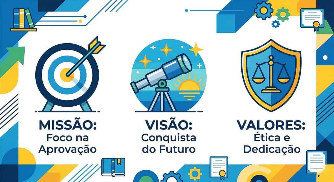 Missão, visão e valores para concursos: alvo, luneta e escudo simbolizando propósito, futuro desejado e princípios