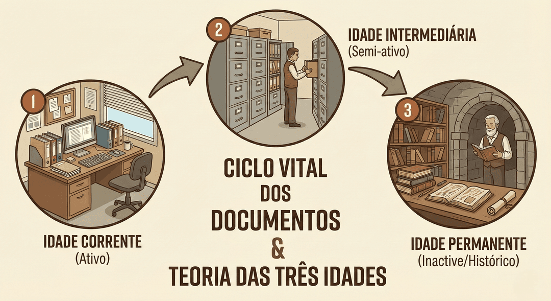 Ciclo vital dos documentos: ilustração das três idades, com o arquivo corrente em um escritório, o arquivo intermediário com estantes e o arquivo permanente com livros históricos