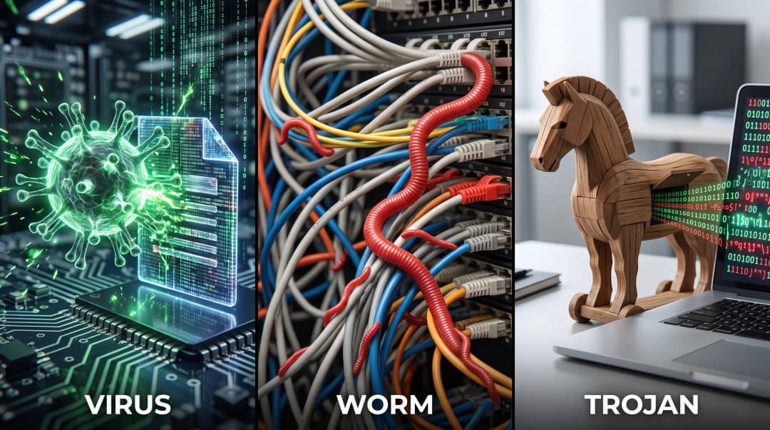 Ilustração realista dividida em três partes mostrando um vírus infectando um arquivo, um worm se multiplicando em cabos de rede e um cavalo de troia digital, explicando qual a diferença entre vírus worms e trojans.