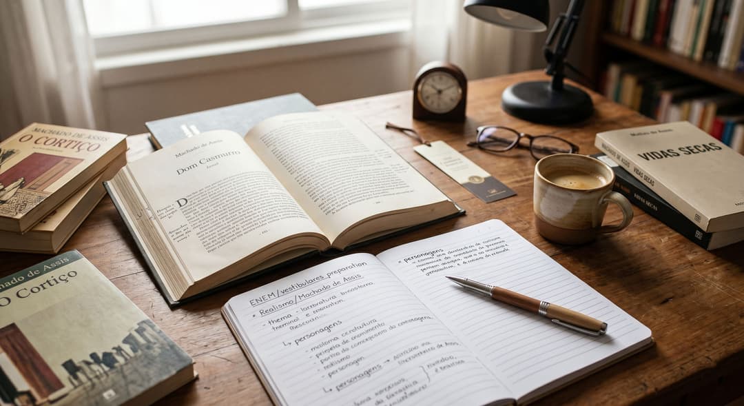Literatura Brasileira no ENEM: mesa de estudos com romances clássicos abertos, caderno de anotações e café, cenário de preparação para a prova de Linguagens.