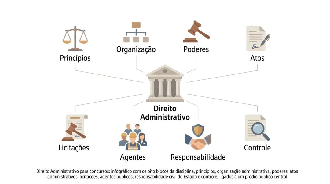 Direito Administrativo para concursos: infográfico com os oito blocos da disciplina, princípios, organização administrativa, poderes, atos administrativos, licitações, agentes públicos, responsabilidade civil do Estado e controle, ligados a um prédio público central.