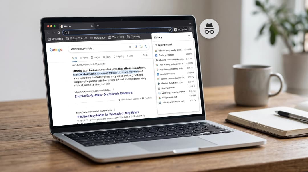 Tela de um notebook moderno exibindo um navegador de internet com pastas de favoritos organizadas, painel de histórico e ícone de navegação anônima, ideal para rotina de rotina de estudos.
