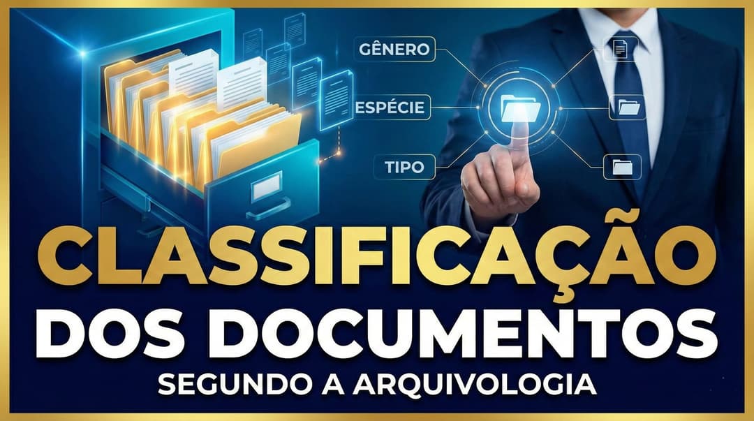 Classificação dos documentos em Arquivologia: arquivo de pastas e ícones de gênero, espécie e tipo