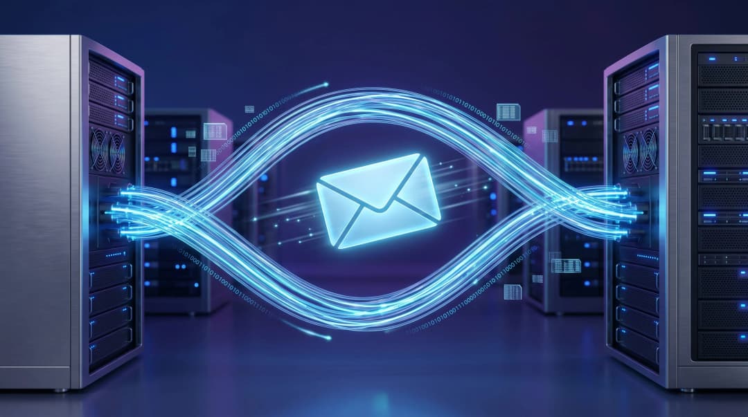 Ilustração conceitual mostrando um envelope de e-mail brilhante viajando por uma rede de fibra óptica entre dois servidores, representando como funciona o correio eletrônico.