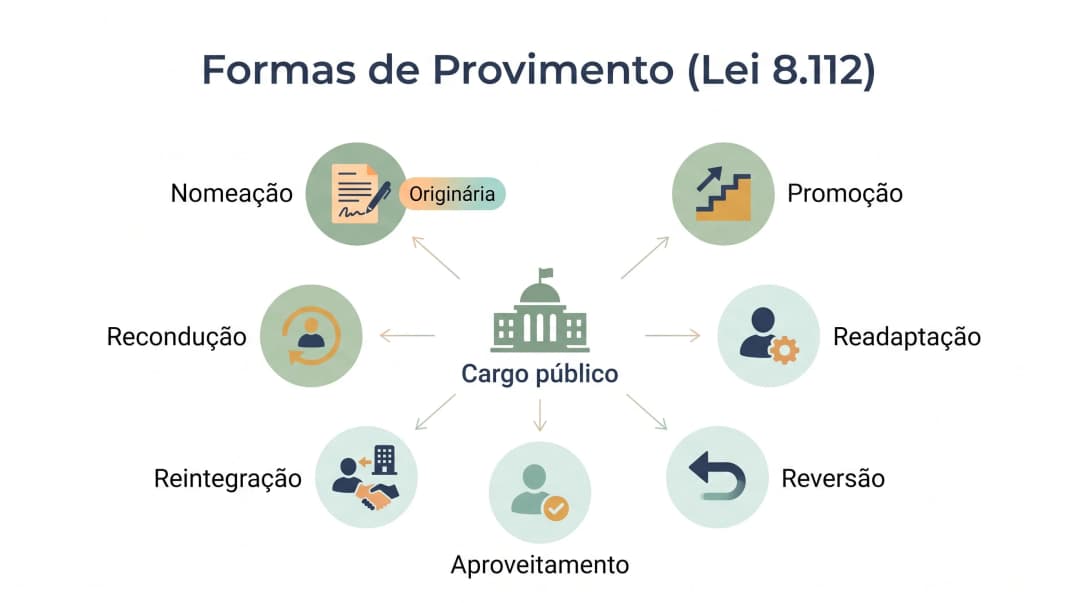 Lei 8.112 formas de provimento: infográfico com as sete formas previstas no art. 8º, nomeação, promoção, readaptação, reversão, aproveitamento, reintegração e recondução, ligadas ao cargo público, com destaque para a nomeação como única forma originária.