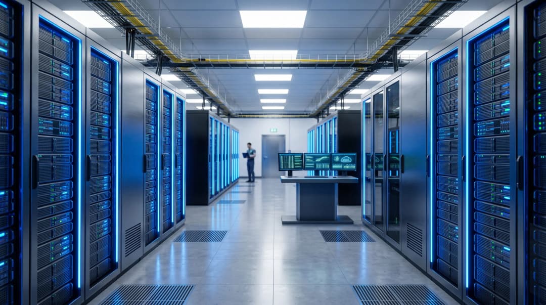 Corredor de um data center moderno com servidores iluminados em azul, ilustrando a infraestrutura física do armazenamento em nuvem Google Drive, OneDrive e Dropbox.