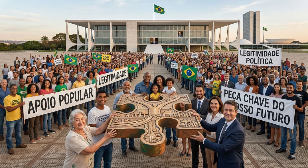 Governabilidade na gestão pública: peça de quebra-cabeça encaixada em prédio do governo, símbolo da legitimidade política