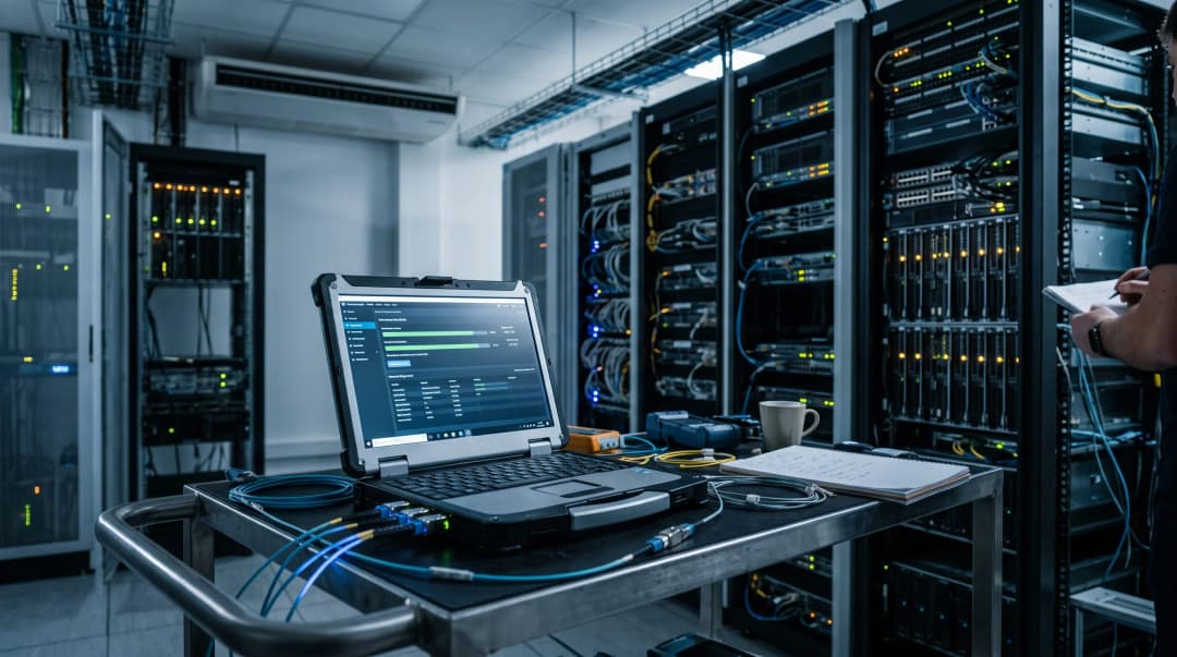 Fotografia realista de uma sala de servidores moderna com cabos de fibra óptica luminosos conectados a um notebook, ilustrando o funcionamento das redes de computadores.