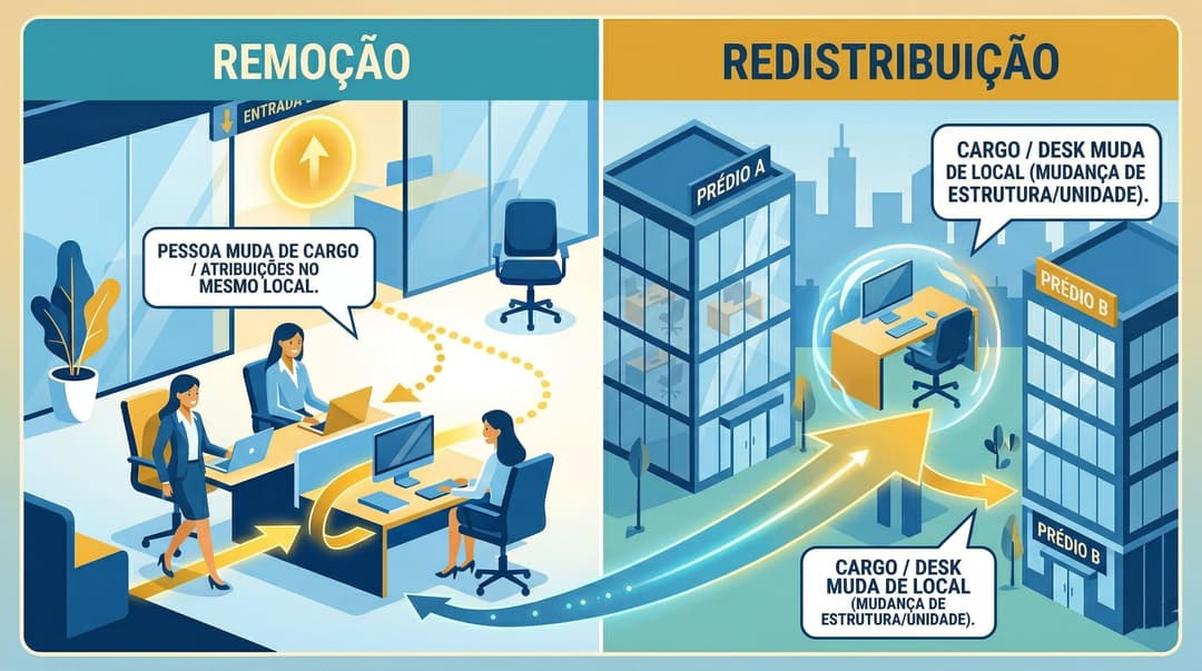 Remoção e redistribuição na Lei 8.112/90: infográfico com a pessoa se deslocando e o cargo se deslocando