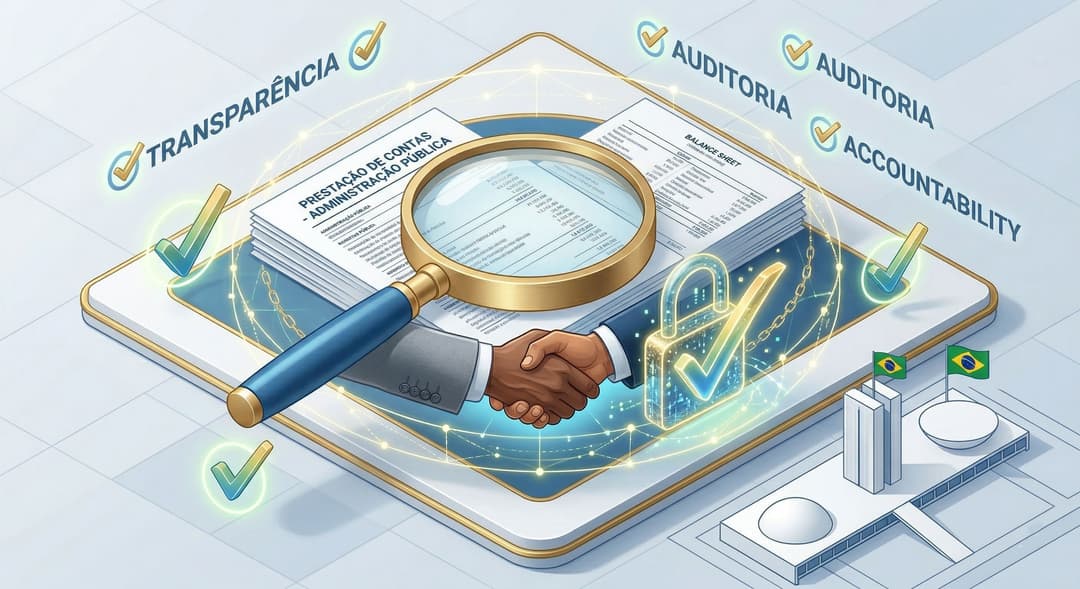 Accountability e transparência pública: lupa sobre documentos financeiros com marcas de verificação