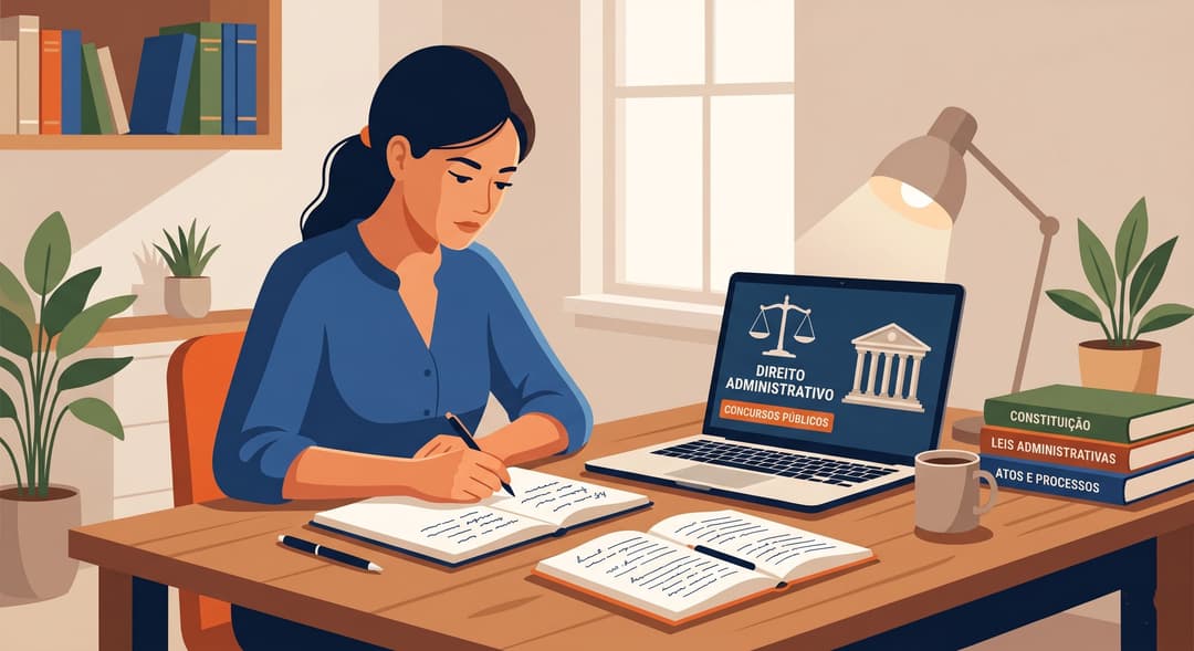 Direito Administrativo para concursos: estudante em mesa de estudos com notebook, cadernos e a balança da justiça, preparando-se para a prova