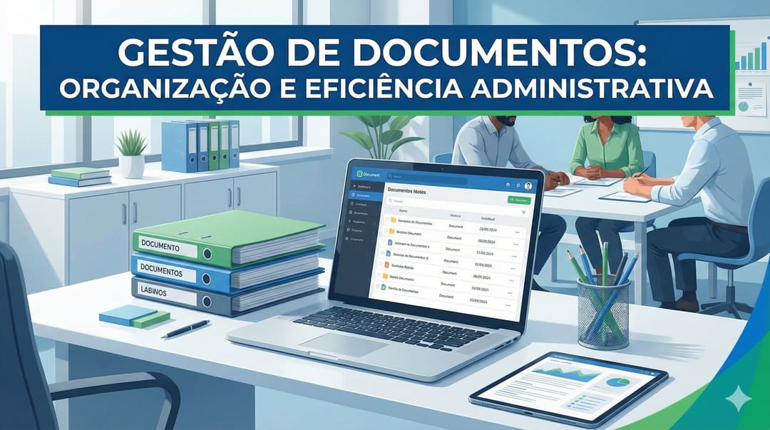 Gestão de documentos em escritório: equipe trabalhando com pastas de arquivo, notebook e documentos digitais organizados