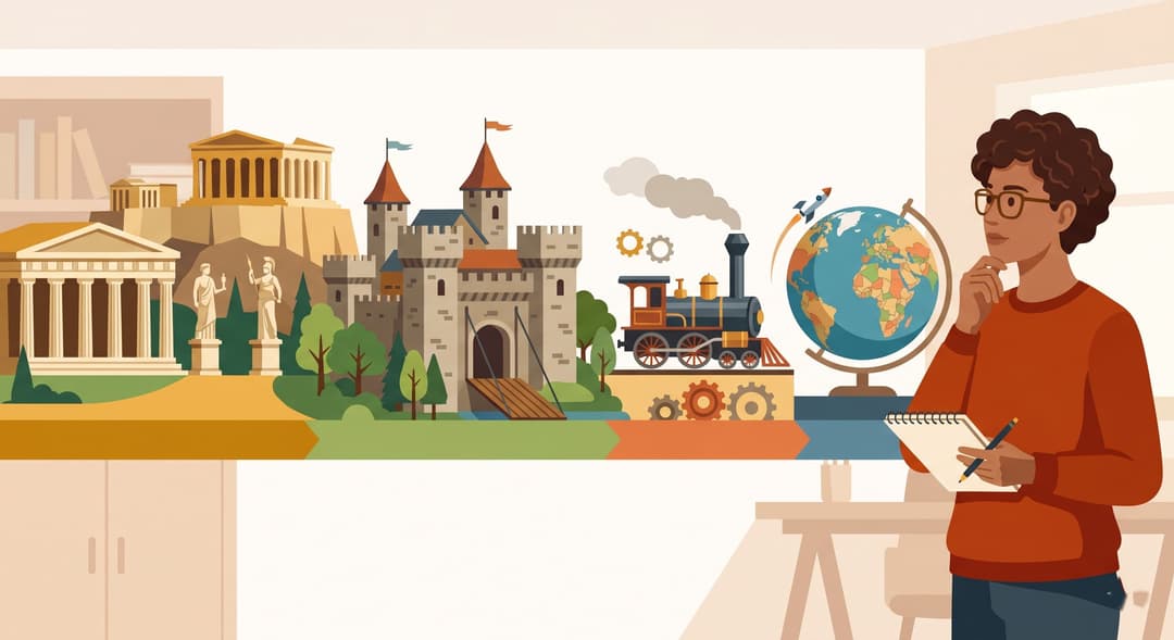 História Geral para o ENEM: ilustração de uma linha do tempo com templos da Antiguidade, castelo medieval, locomotiva a vapor e globo terrestre, ao lado de uma estudante em revisão.