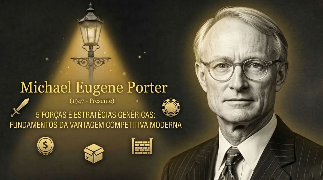 5 Forças e Estratégias Genéricas de Michael Porter: retrato do autor com ícones de liderança em custos, diferenciação e barreiras de entrada