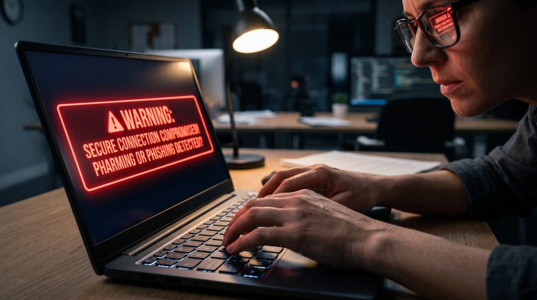 Estudante focado olhando para a tela do notebook com um alerta vermelho de segurança refletindo em seus óculos, ilustrando a diferença entre pharming e phishing.