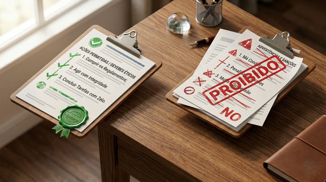 Representação gráfica de um documento oficial com um selo de aprovação em verde listando ações permitidas, e um documento com um carimbo vermelho de 'Proibido' listando advertências e suspensões.