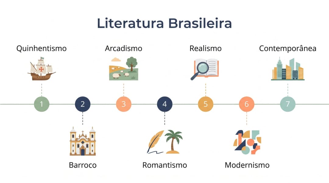 Literatura Brasileira no ENEM: linha do tempo das escolas literárias, do Quinhentismo ao Barroco, Arcadismo, Romantismo, Realismo, Modernismo e Literatura Contemporânea, com um ícone representativo para cada período.