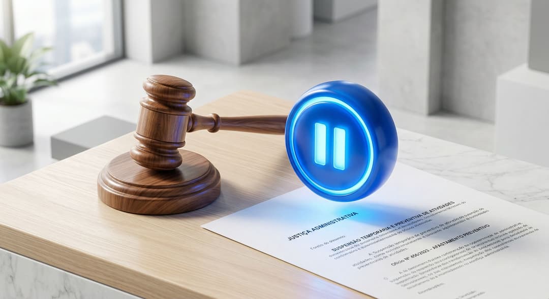 Ilustração de um martelo de juiz (representando a justiça administrativa) ao lado de um botão de 'pause' iluminado, indicando a suspensão temporária e preventiva de atividades no serviço público.