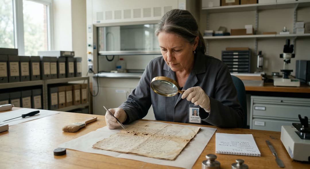 Diagnóstico de preservação e conservação: arquivista examina documento histórico com lupa em mesa de laboratório