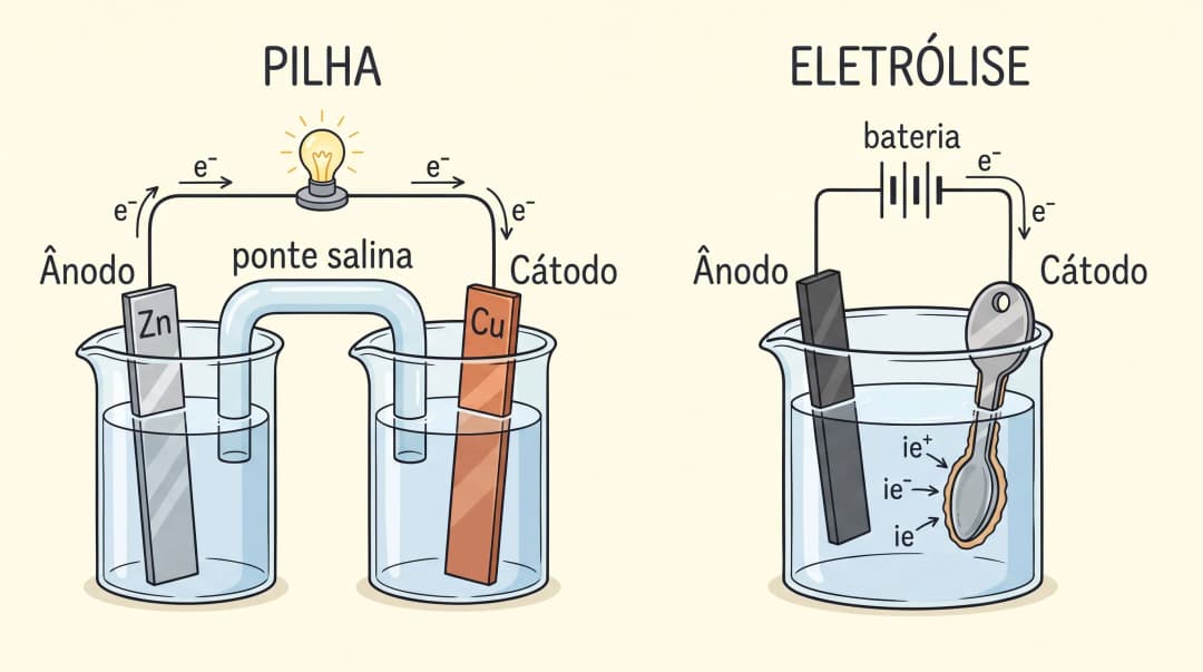 Eletroquímica no ENEM: comparação entre a pilha de Daniell, com ânodo de zinco e cátodo de cobre ligados por ponte salina, e a eletrólise usada na galvanoplastia, com o fluxo de elétrons indicado