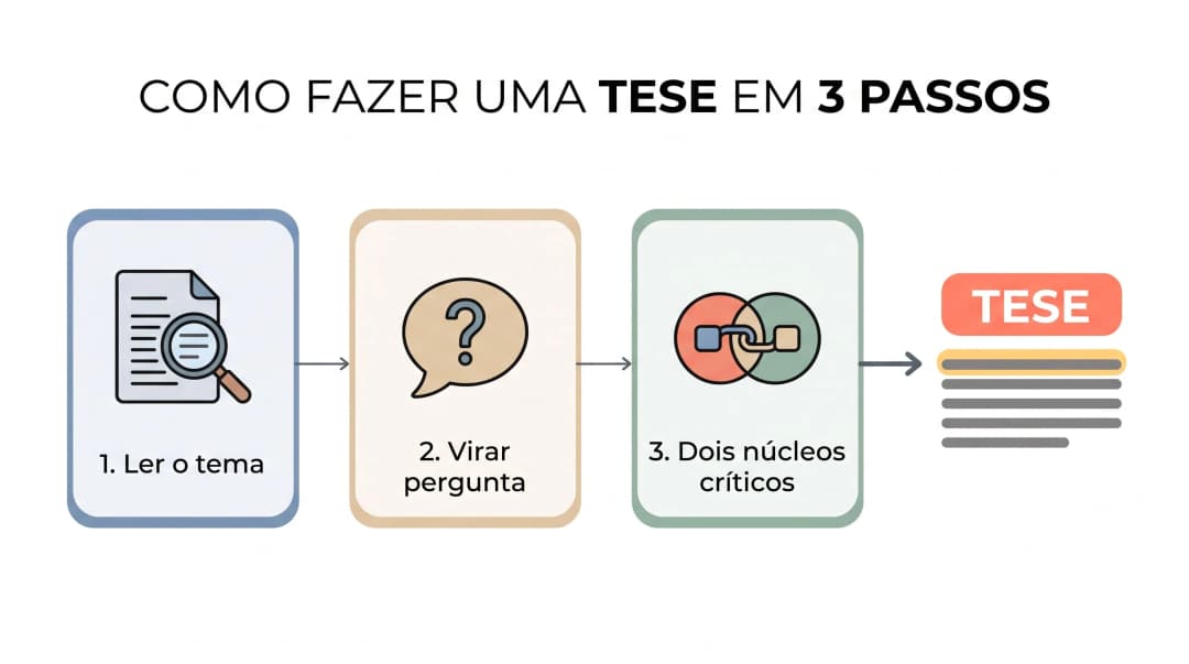 Como fazer uma tese para redação em 3 passos: infográfico com a leitura do tema, a transformação do tema em pergunta e a escolha de dois núcleos críticos que formam a tese.