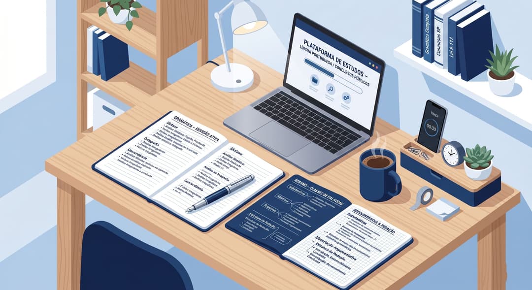 Língua Portuguesa para concursos: mesa de estudos com notebook, cadernos de gramática abertos, livros e xícara de café, representando uma preparação organizada